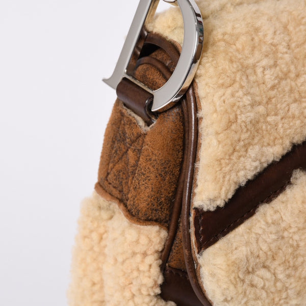 極美品 Christian Dior クリスチャンディオール サドルバッグ ワンショルダーバッグ 01-RU-0075 ラムシアリング ムートン レザー 中古 4a001157