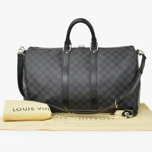 Very Good Condition LOUIS VUITTON Boston Keepall Bandouliere 45 Damier Graphite N41418 Black Silver Hardware 4a001158