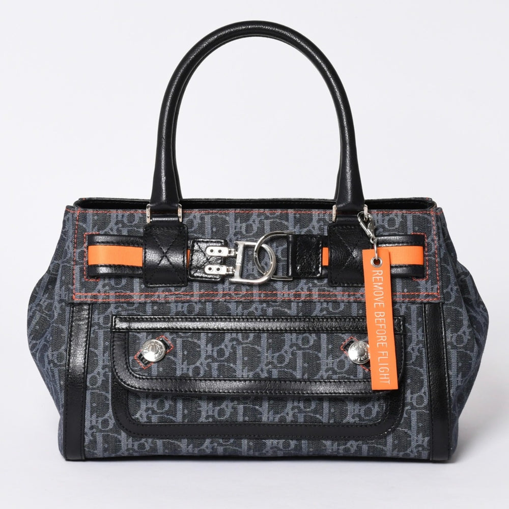 極美品 Christian Dior クリスチャンディオール フライトライン トロッター ハンドバッグ ガリアーノ期 デニム レザー ネイビー ブラック シルバー金具 中古 4a001666