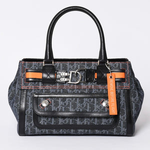 Very Good Condition Christian Dior Flight Line Trotter Handbag Galliano Period Denim Leather Navy Black Silver Hardware Used 4a001666