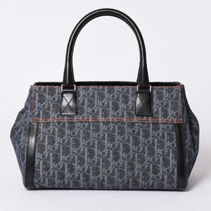 Very Good Condition Christian Dior Flight Line Trotter Handbag Galliano Period Denim Leather Navy Black Silver Hardware Used 4a001666