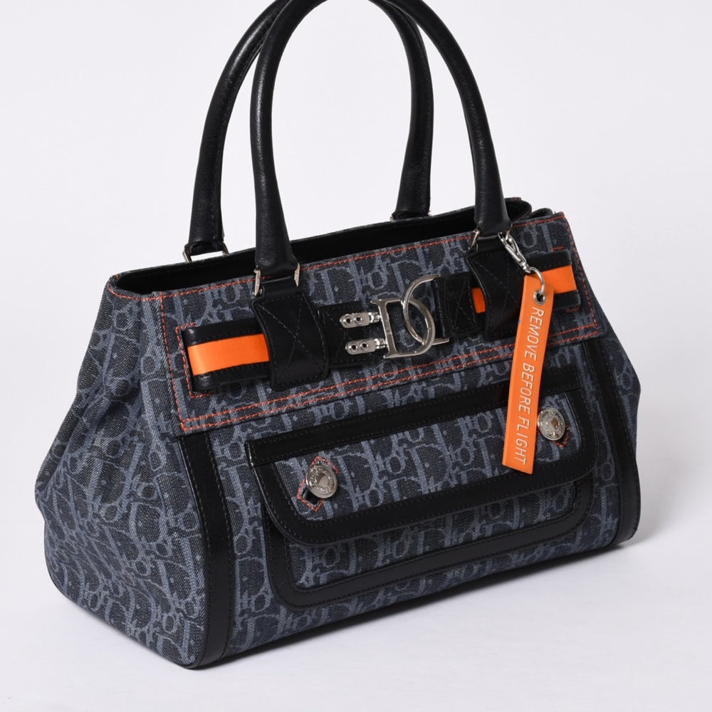 極美品 Christian Dior クリスチャンディオール フライトライン トロッター ハンドバッグ ガリアーノ期 デニム レザー ネイビー ブラック シルバー金具 中古 4a001666