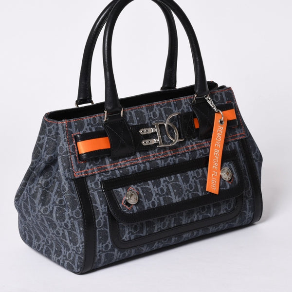 Very Good Condition Christian Dior Flight Line Trotter Handbag Galliano Period Denim Leather Navy Black Silver Hardware Used 4a001666