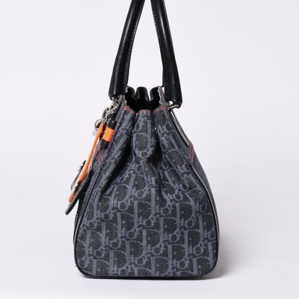 極美品 Christian Dior クリスチャンディオール フライトライン トロッター ハンドバッグ ガリアーノ期 デニム レザー ネイビー ブラック シルバー金具 中古 4a001666