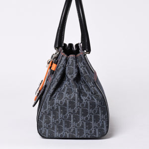 Very Good Condition Christian Dior Flight Line Trotter Handbag Galliano Period Denim Leather Navy Black Silver Hardware Used 4a001666