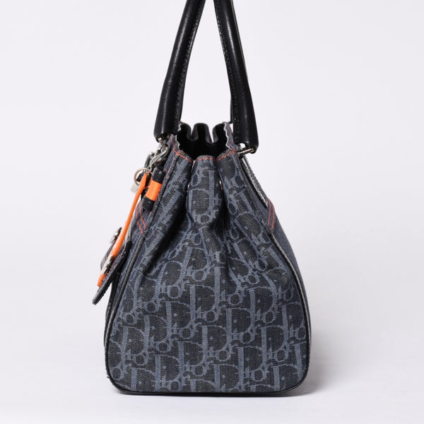Very Good Condition Christian Dior Flight Line Trotter Handbag Galliano Period Denim Leather Navy Black Silver Hardware Used 4a001666