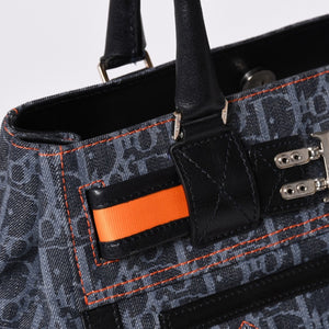 Very Good Condition Christian Dior Flight Line Trotter Handbag Galliano Period Denim Leather Navy Black Silver Hardware Used 4a001666