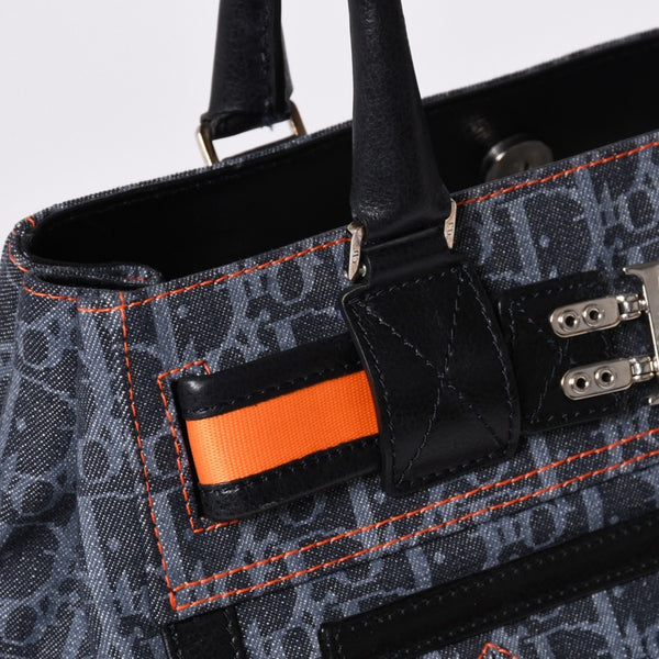 Very Good Condition Christian Dior Flight Line Trotter Handbag Galliano Period Denim Leather Navy Black Silver Hardware Used 4a001666