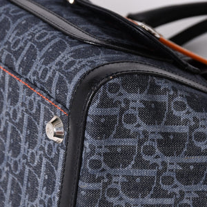 Very Good Condition Christian Dior Flight Line Trotter Handbag Galliano Period Denim Leather Navy Black Silver Hardware Used 4a001666