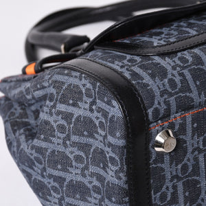 Very Good Condition Christian Dior Flight Line Trotter Handbag Galliano Period Denim Leather Navy Black Silver Hardware Used 4a001666