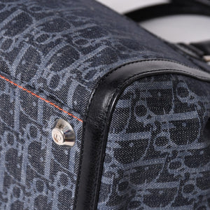 Very Good Condition Christian Dior Flight Line Trotter Handbag Galliano Period Denim Leather Navy Black Silver Hardware Used 4a001666