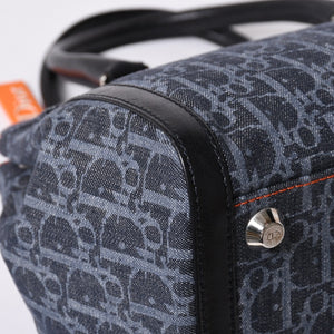 Very Good Condition Christian Dior Flight Line Trotter Handbag Galliano Period Denim Leather Navy Black Silver Hardware Used 4a001666