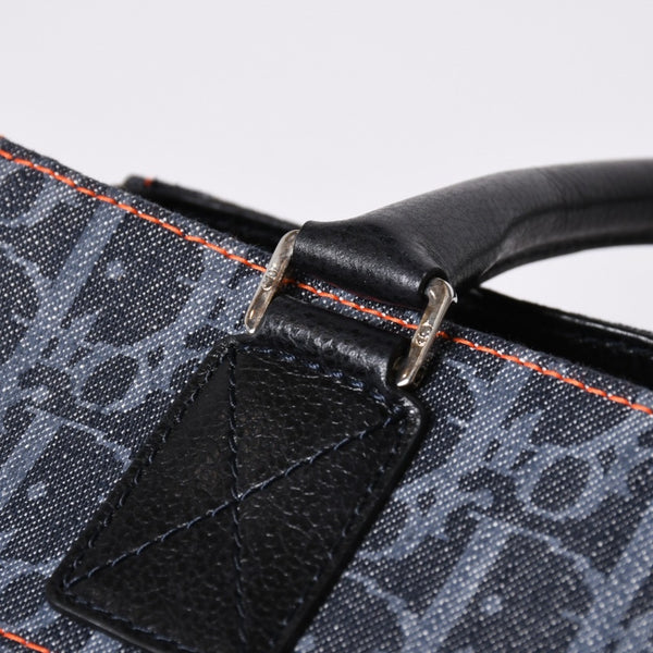 Very Good Condition Christian Dior Flight Line Trotter Handbag Galliano Period Denim Leather Navy Black Silver Hardware Used 4a001666