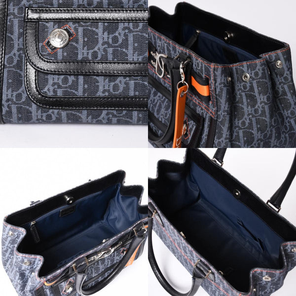 Very Good Condition Christian Dior Flight Line Trotter Handbag Galliano Period Denim Leather Navy Black Silver Hardware Used 4a001666
