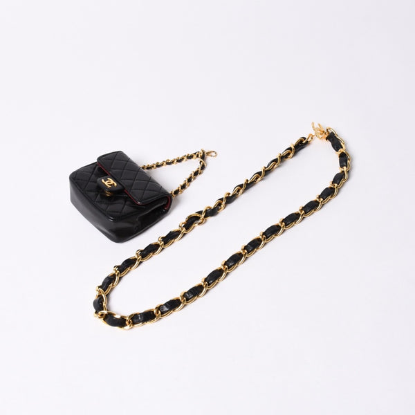 Very Good Condition CHANEL Micromatelasse Chain Belt Total Length Approx. 79cm Lambskin Metal GP Black Used 4a001491