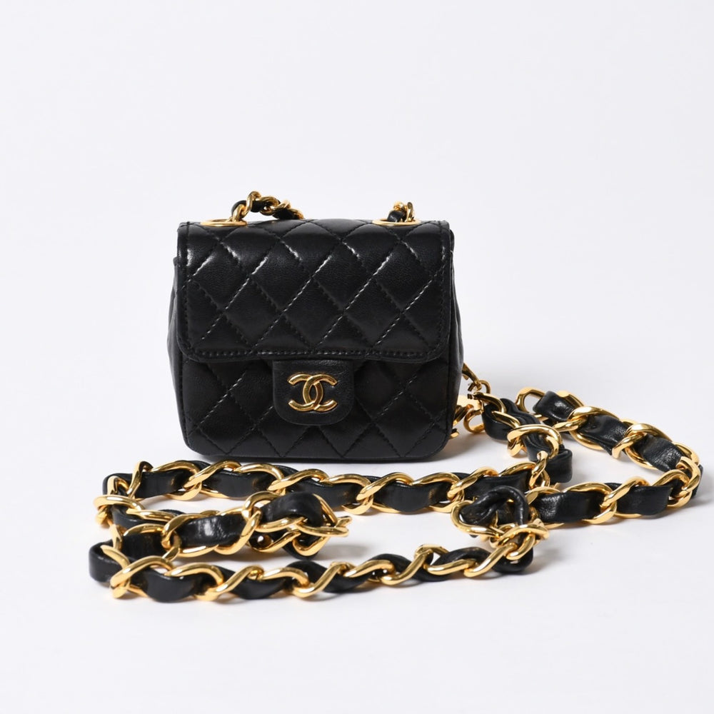 極美品 CHANEL シャネル マイクロマトラッセ チェーンベルト 全長約79cm ラムスキン メタル GP ブラック 中古 4a001491