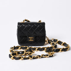 Very Good Condition CHANEL Micromatelasse Chain Belt Total Length Approx. 79cm Lambskin Metal GP Black Used 4a001491