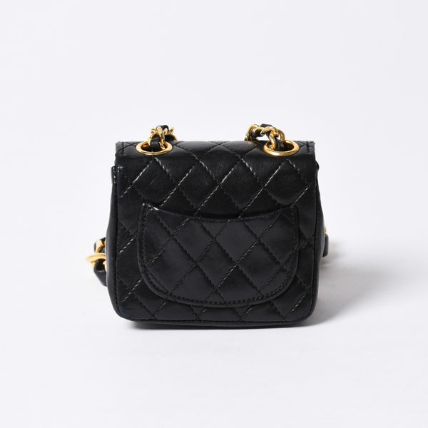 Very Good Condition CHANEL Micromatelasse Chain Belt Total Length Approx. 79cm Lambskin Metal GP Black Used 4a001491