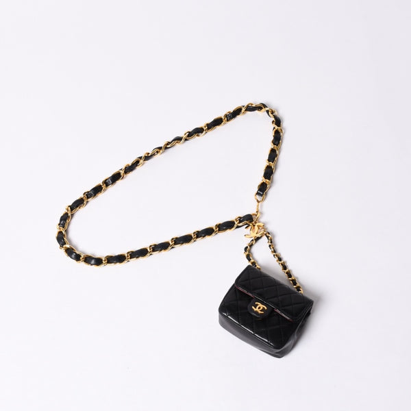 Very Good Condition CHANEL Micromatelasse Chain Belt Total Length Approx. 79cm Lambskin Metal GP Black Used 4a001491