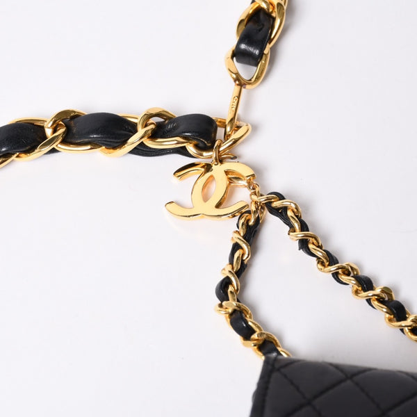Very Good Condition CHANEL Micromatelasse Chain Belt Total Length Approx. 79cm Lambskin Metal GP Black Used 4a001491
