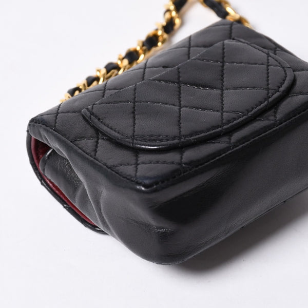 Very Good Condition CHANEL Micromatelasse Chain Belt Total Length Approx. 79cm Lambskin Metal GP Black Used 4a001491