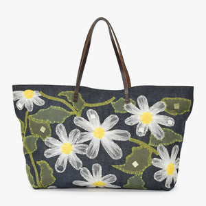 FENDI フェンディ ハンドバッグ DENIM デニム FLOWER フラワー Applique アップリケ ネイビー 美品 中古 4a001181