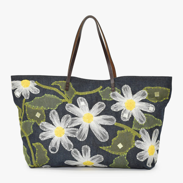 FENDI フェンディ ハンドバッグ DENIM デニム FLOWER フラワー Applique アップリケ ネイビー 美品 中古 4a001181
