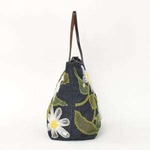 FENDI フェンディ ハンドバッグ DENIM デニム FLOWER フラワー Applique アップリケ ネイビー 美品 中古 4a001181