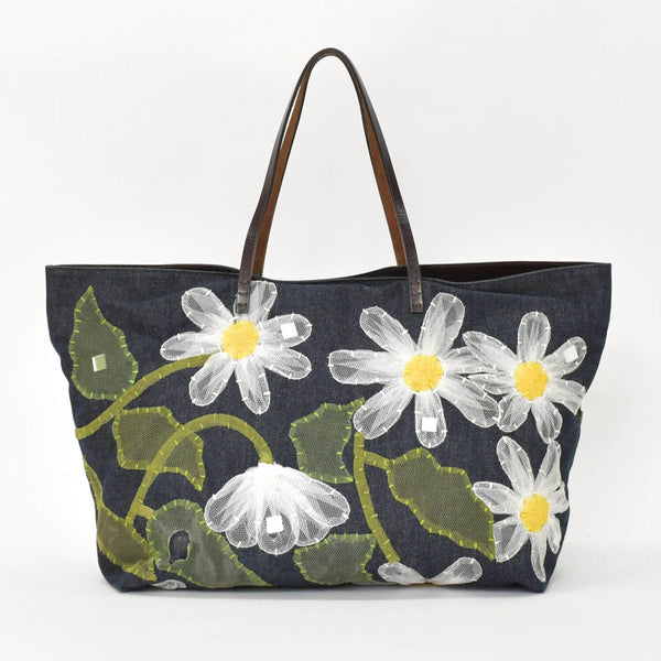 FENDI フェンディ ハンドバッグ DENIM デニム FLOWER フラワー Applique アップリケ ネイビー 美品 中古 4a001181