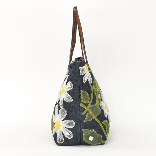FENDI フェンディ ハンドバッグ DENIM デニム FLOWER フラワー Applique アップリケ ネイビー 美品 中古 4a001181