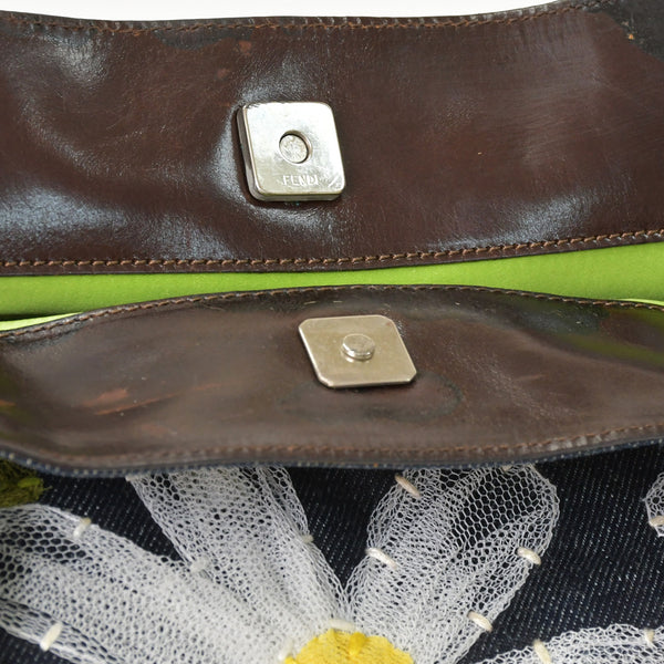 FENDI フェンディ ハンドバッグ DENIM デニム FLOWER フラワー Applique アップリケ ネイビー 美品 中古 4a001181