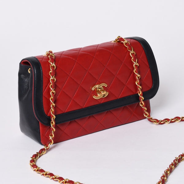CHANEL シャネル マトラッセ23 Sフラップ Sチェーンショルダーバッグ 14番台 ココマーク ラムスキン レッド ネイビー 美品 中古 4a001170