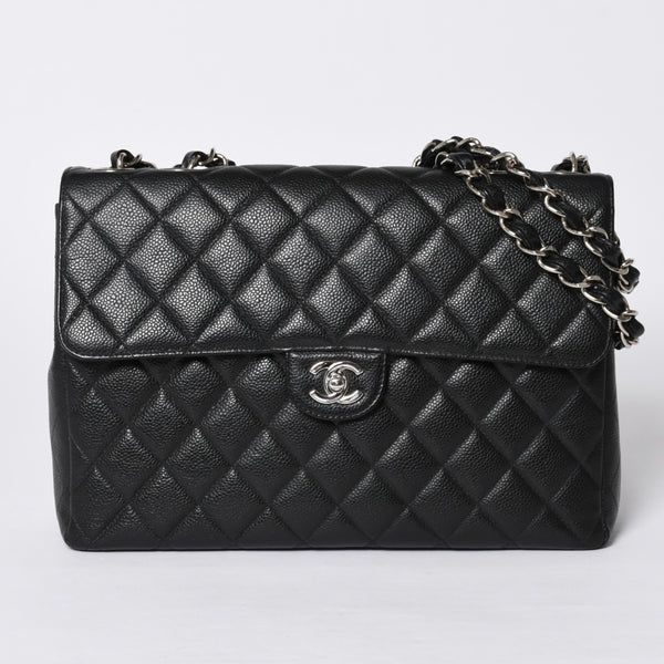 Very Good Condition CHANEL CHANEL Deca Matelasse 30 S Flap W Chain Shoulder Bag No. 6 Coco Mark Caviar Skin Silver Hardware Used 4a001273