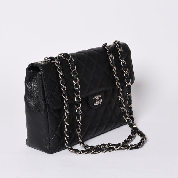Very Good Condition CHANEL CHANEL Deca Matelasse 30 S Flap W Chain Shoulder Bag No. 6 Coco Mark Caviar Skin Silver Hardware Used 4a001273