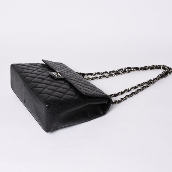 Very Good Condition CHANEL CHANEL Deca Matelasse 30 S Flap W Chain Shoulder Bag No. 6 Coco Mark Caviar Skin Silver Hardware Used 4a001273