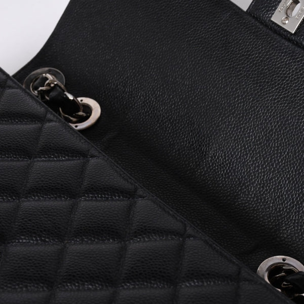 Very Good Condition CHANEL CHANEL Deca Matelasse 30 S Flap W Chain Shoulder Bag No. 6 Coco Mark Caviar Skin Silver Hardware Used 4a001273