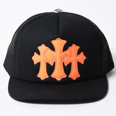 New and unused CHROME HEARTS St. Barths Exclusive Cemetery Cross Mesh Cap RN# 97729 Black Orange Used 4a001198