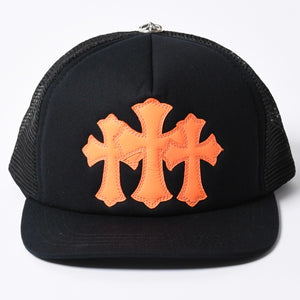 New and unused CHROME HEARTS St. Barths Exclusive Cemetery Cross Mesh Cap RN# 97729 Black Orange Used 4a001198