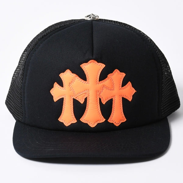 New and unused CHROME HEARTS St. Barths Exclusive Cemetery Cross Mesh Cap RN# 97729 Black Orange Used 4a001198
