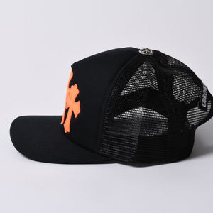 New and unused CHROME HEARTS St. Barths Exclusive Cemetery Cross Mesh Cap RN# 97729 Black Orange Used 4a001198
