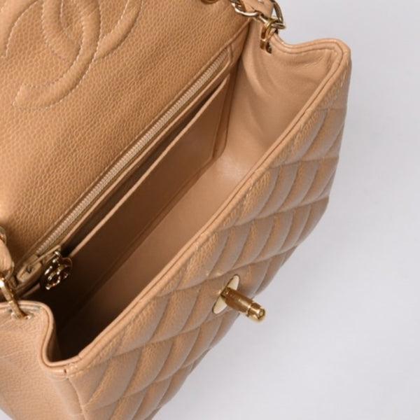 Very Good Condition CHANEL Mini Matelasse Chain Shoulder Bag No. 8 Caviar Skin Gold Hardware Beige Used 4a001544