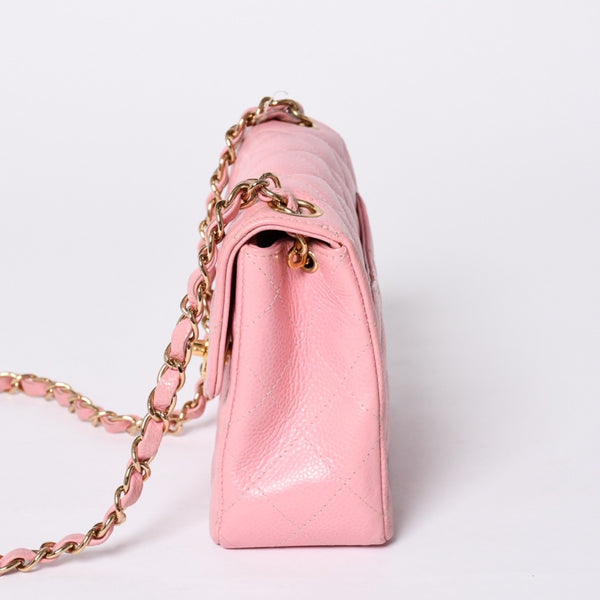 Very Good Condition CHANEL Mini Matelasse Chain Shoulder Bag Coco Mark No. 9 Caviar Skin Pink Gold Hardware Used 4a001542