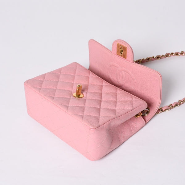 Very Good Condition CHANEL Mini Matelasse Chain Shoulder Bag Coco Mark No. 9 Caviar Skin Pink Gold Hardware Used 4a001542