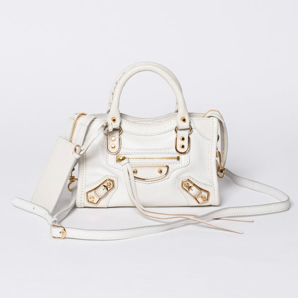 Very Good Condition BALENCIAGA Mini City 2WAY Handbag 453293 White Leather Used 4a001375