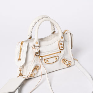 Very Good Condition BALENCIAGA Mini City 2WAY Handbag 453293 White Leather Used 4a001375