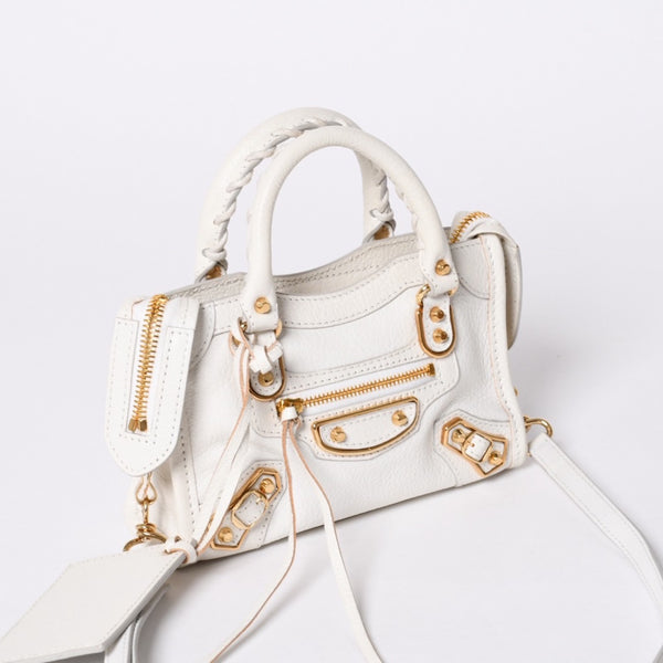 Very Good Condition BALENCIAGA Mini City 2WAY Handbag 453293 White Leather Used 4a001375