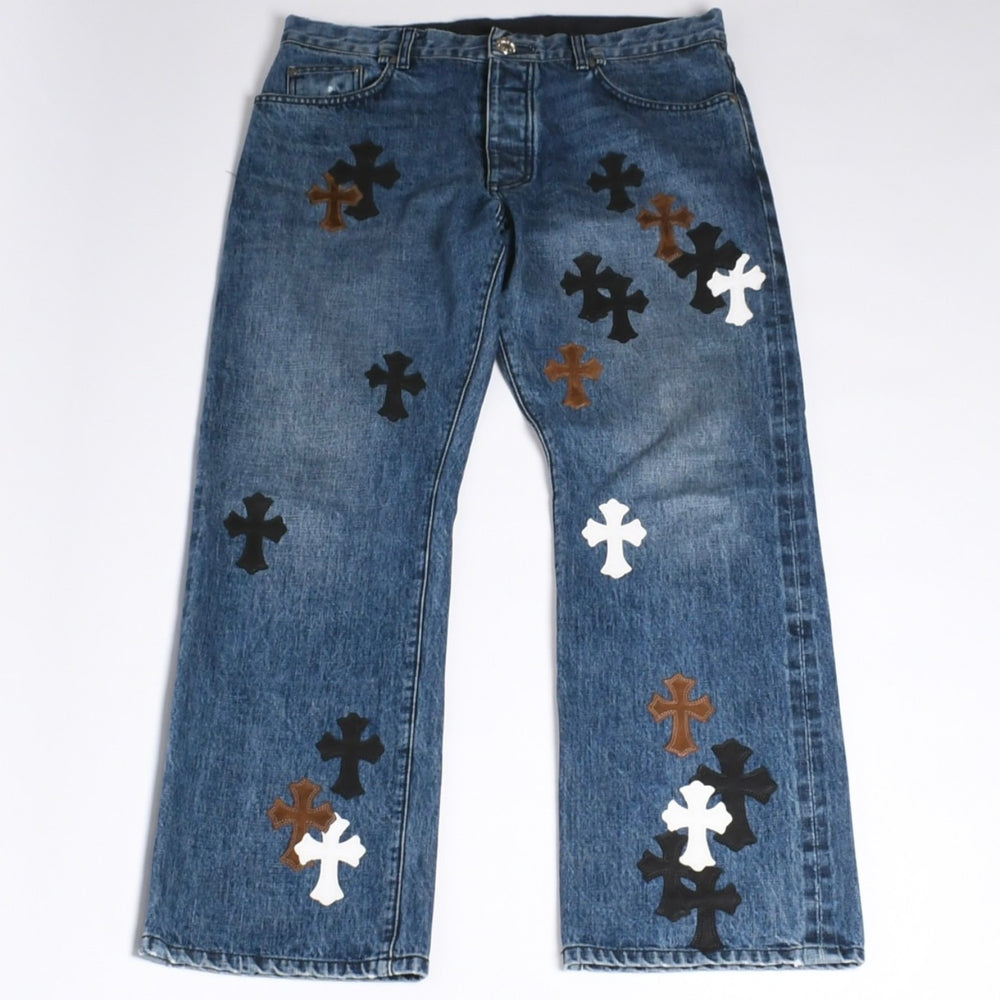 新品同様 CHROME HEARTS クロムハーツ クロスパッチ ジーンズ デニムパンツ ジャパンタグ付き メンズ SV925 36インチ ブルー系 中古 4a001293
