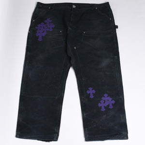 Very Good Condition CHROME HEARTS Double Knee Pants Size 40 Cemetery Cross Patch 19 Patch Cross Ball Black Purple Used 4a001329