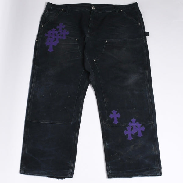 Very Good Condition CHROME HEARTS Double Knee Pants Size 40 Cemetery Cross Patch 19 Patch Cross Ball Black Purple Used 4a001329