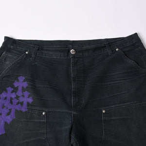 Very Good Condition CHROME HEARTS Double Knee Pants Size 40 Cemetery Cross Patch 19 Patch Cross Ball Black Purple Used 4a001329